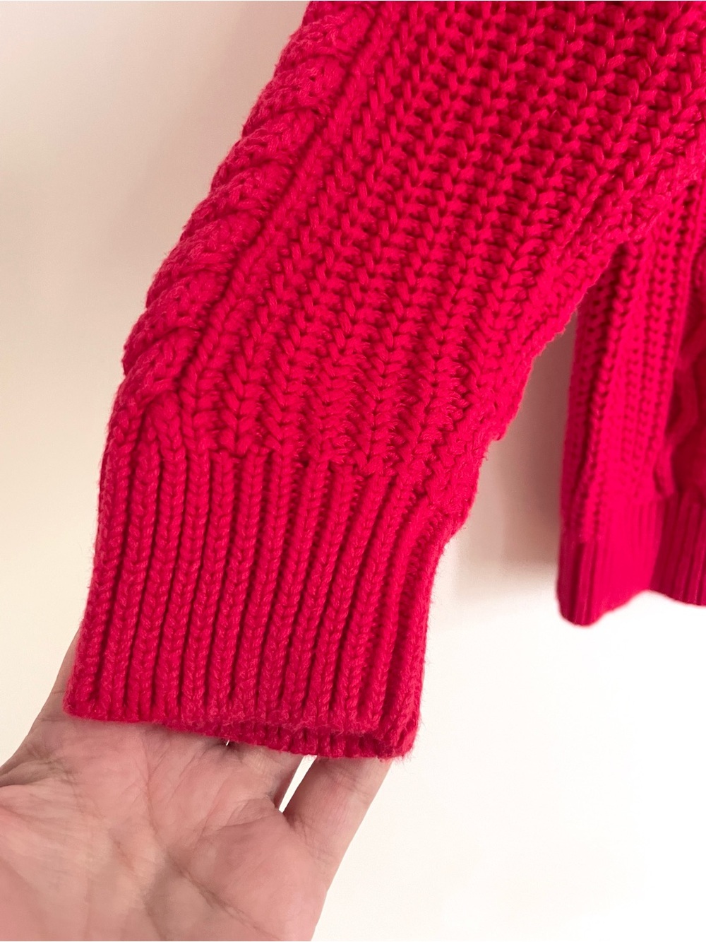 $11 💥Cable Knit Red Christmas Sweater, Henley Mock Neck, Sherpa Collar, Cotton - Picture 5 of 9